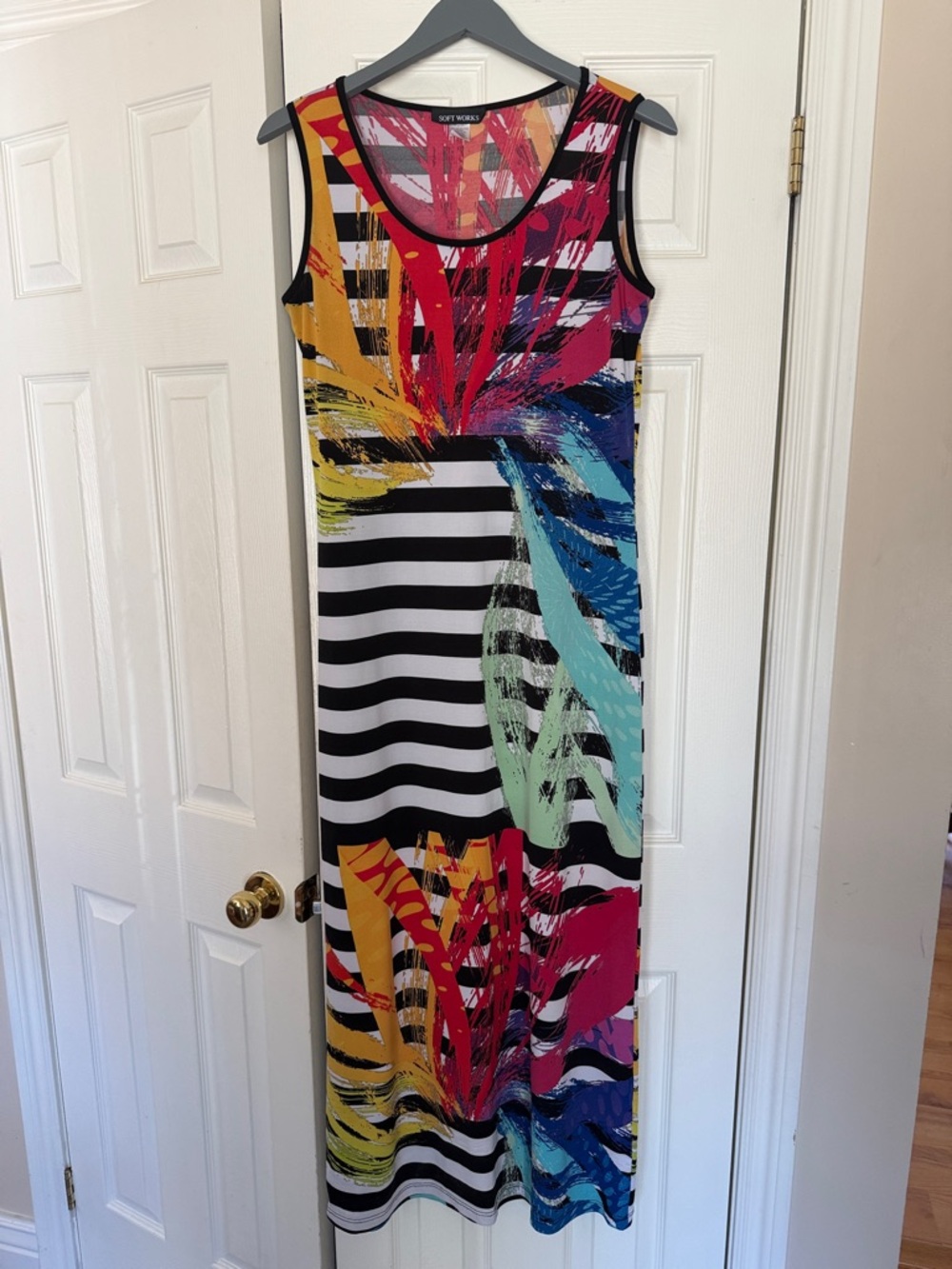 Black & White Stripe Maxi Dress with Multicolor Floral Brushstrokes